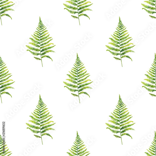 Watercolor hand painted seamless pattern of green leaves and  branches..