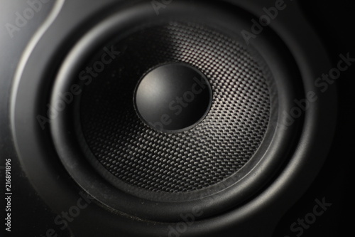 Close up of a cone of a studio speaker (black). Concept: tweeter, subwoofer, audio, recording, music, technology