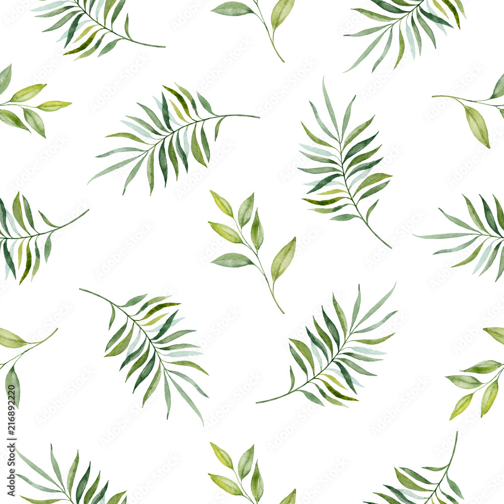 Watercolor hand painted seamless pattern of green leaves and branches.. Watercolor hand painted seamless pattern of green leaves and branches..
