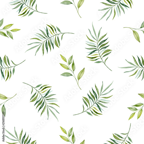 Fototapeta Naklejka Na Ścianę i Meble -  Watercolor hand painted seamless pattern of green leaves and  branches..