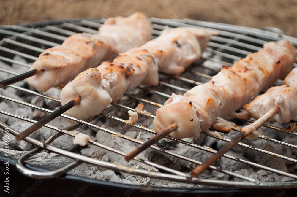 closeup of chicken skewers on barbecue in outdoor