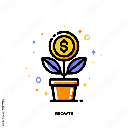 Icon of growing money tree with dollar coin for financial growth concept. Flat filled outline style. Pixel perfect 64x64. Editable stroke