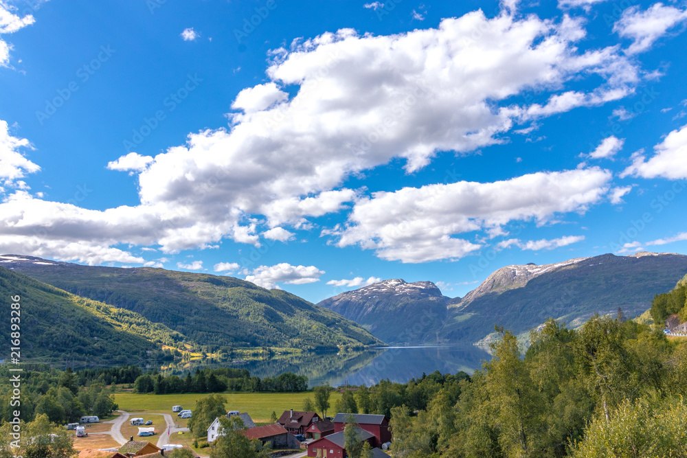 Norway mountain valley landscape and camping site 