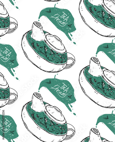 Seamless texture with cute kettle. Repeating background. Tile pattern. Can be used as wallpaper, desktop, wrapping, fabric or background for your blog, covers, cards..