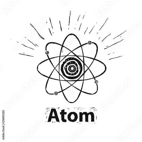 Engraving grange style illustration with the atom. Science stylish art.