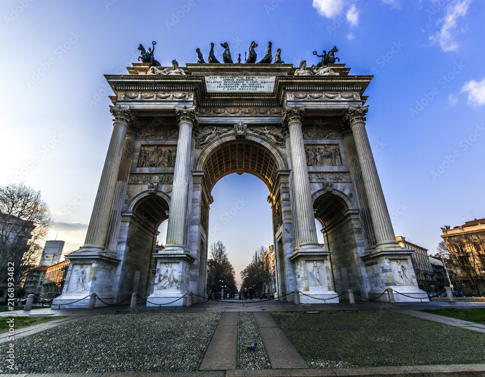 Porta Sempione of Milan during a sunny day,Lombardia, Italy. Triumphal gate called Arch of Peace.