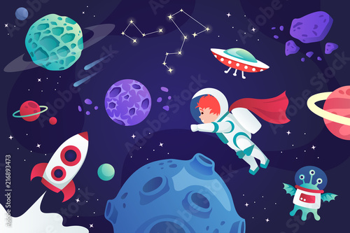 conquest of space. cartoon universe. vector illustration. planets and spaceship. child.  photo