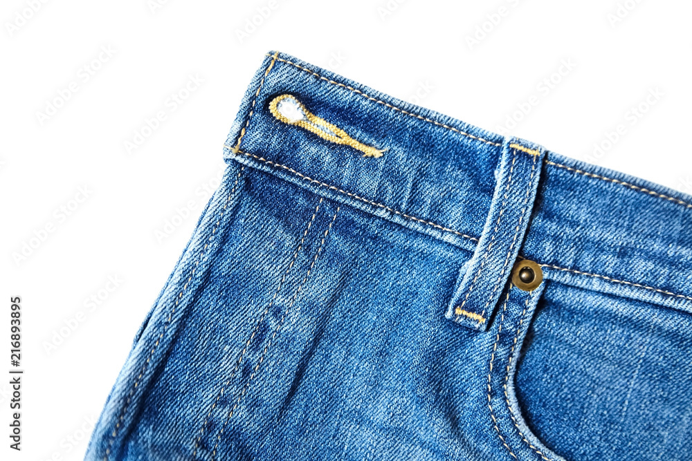 Blue jeans, texture. Isolated on white background. Pocket and metal botton. Closeup Blue jeans, texture. Isolated on white background. Pocket and metal botton. Closeup
