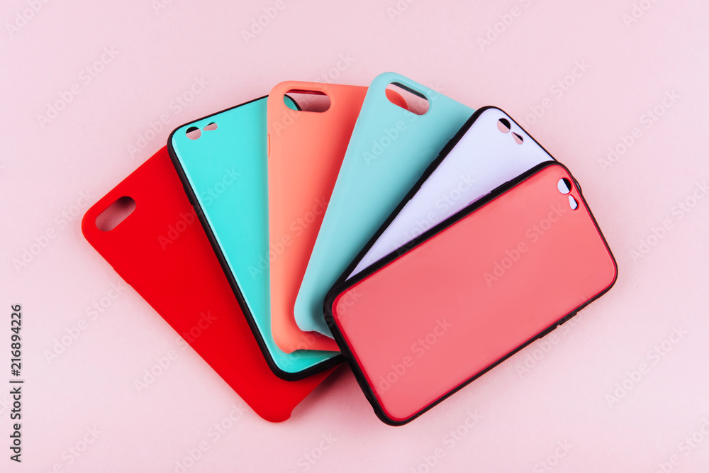 Set of colored silicone covers for smart phone - obrazy, fototapety, plakaty 