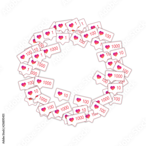 Social media icons. Social media marketing concept. Falling gradient like counter. Round frame eleme