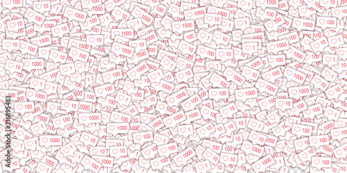 Social media icons. Social media marketing concept. Falling pink like counter. Wide scatter elements