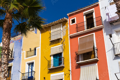 Palm tree and Colorful houses in the seaside village Villajoyosa in southern Spain. photo