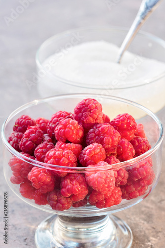 Glass of fresh raspberries and white sugar gardening gastronomy harvest
