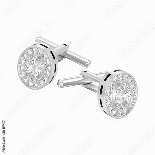 3D illustration isolated two white gold or silver metal chrome diamond cufflinks stud