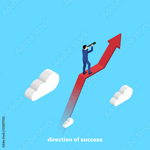 isometric image, a man in a business suit looks in a telescope standing on a red arrow tending upwards