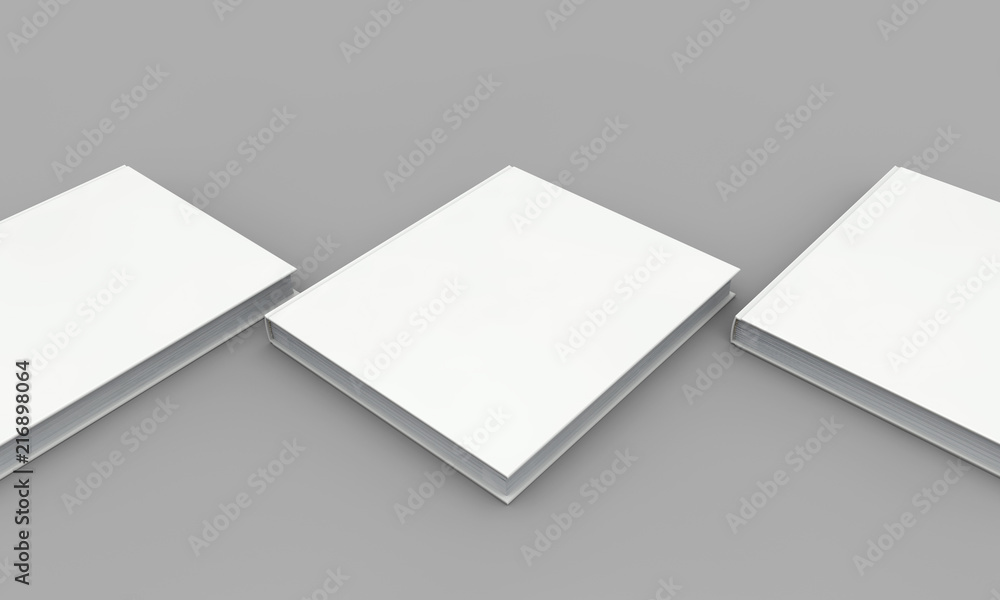 Hardback book cover mockup. White book on a grey background. 3D Rendering Hardback book cover mockup. White book on a grey background. 3D Rendering
