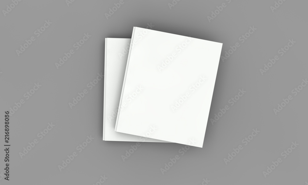 Hardback book cover mockup. White book on a grey background. 3D Rendering