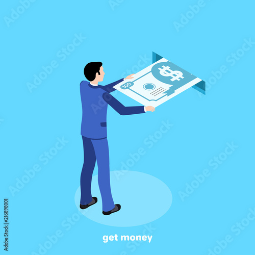 isometric image, a man in a business suit pushes a money bill out of a rectangular hole