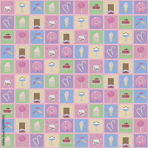 Multicolored squares with drawings of cute sweets: ice cream, donuts and muffins pink vector seamless pattern.