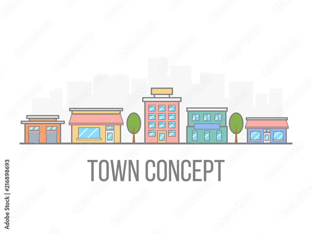 Small town concept. Linear color cityscape. Street with hotel, garage, boutique and cafe. City in flat style isolated on white background. Vector illustration