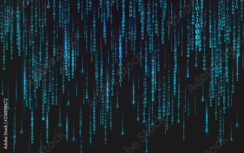 Binary matrix background. Falling digits on dark backdrop. Running random numbers. Abstract data concept. Blue futuristic cyberspace. Vector illustration
