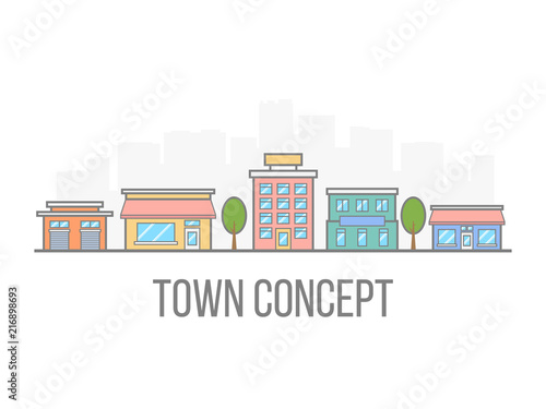 Small town concept. Linear color cityscape. Street with hotel, garage, boutique and cafe. City in flat style isolated on white background. Vector illustration