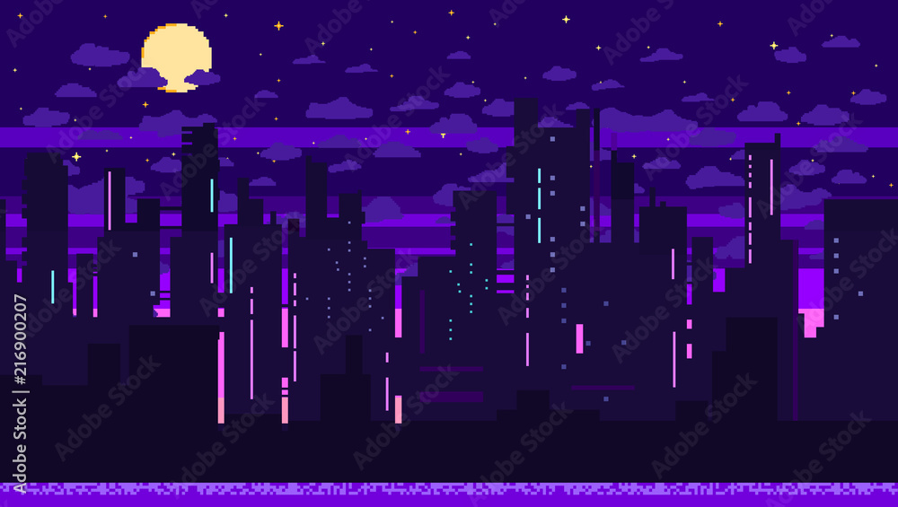 Pixel art game background with road, ground, sunset, landscape, sky,  clouds, silhouette city, stars and moon. Background with gradient. Stock  Vector | Adobe Stock