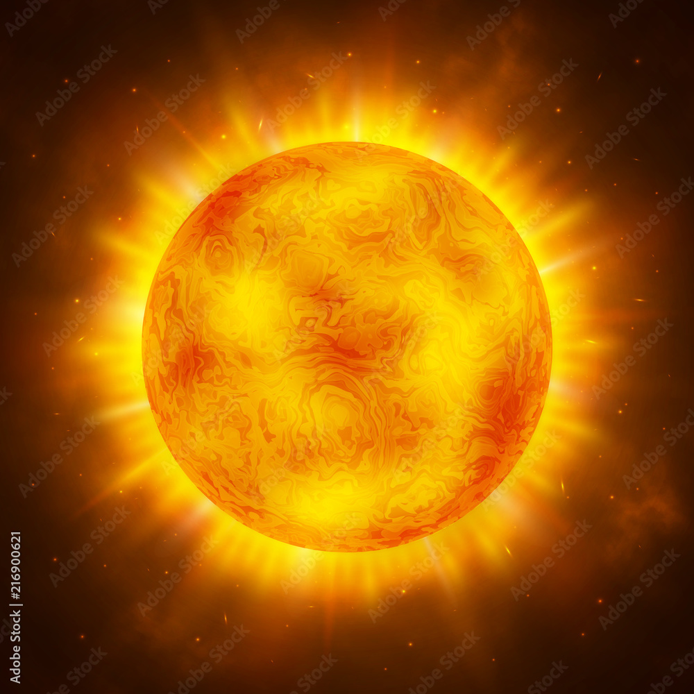 Sun planet. Bright realistic sun with rays, glow and sparks. Sunshine design.  Space background. Global warming concept. Vector Illustration Stock Vector