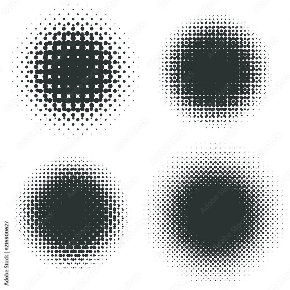 Abstract geometric design graphic halftone elements. Set of raster circles with moire