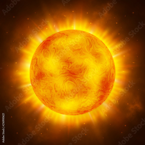 Sun planet. Bright realistic sun with rays, glow and sparks. Sunshine design. Space background. Global warming concept. Vector Illustration