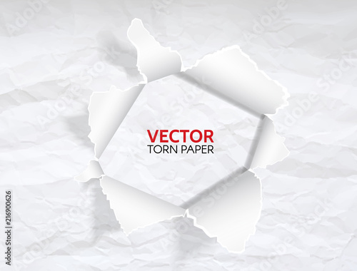 Paper hole with space for text. Torn white crumpled paper background. Paper with ripped edges. Realistic ripped hole in the sheet of paper. Vector illustration