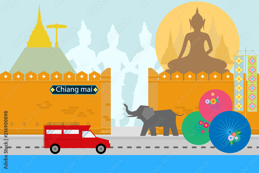 Fototapeta premium Flat style design of Chiangmai Thailand with travel Northern culture concept design for brochure poster website book cover artwork