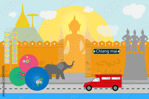 Flat style design of Chiangmai Thailand with travel Northern culture concept design for brochure poster website book cover artwork