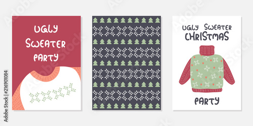 Ugly sweater Christmas party cute cards. Vector hand drawn illustration. 
