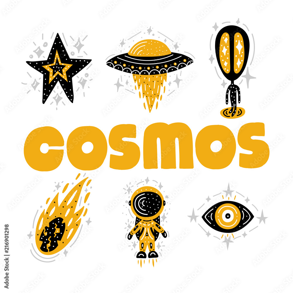 Cosmos print. Black vector illustration. Nursery poster