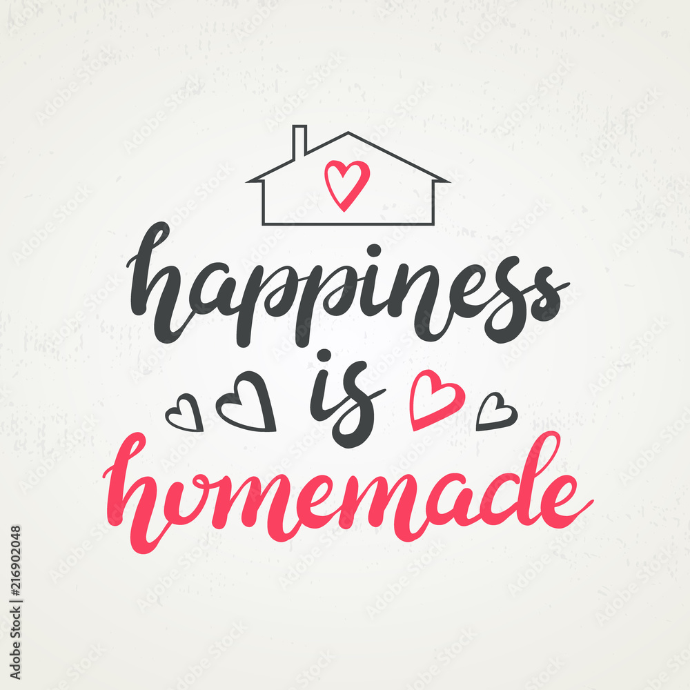 Hand drawn Happiness is homemade typography lettering poster with house and hearts on background. Text and decor around it. Rustic card, banner template. Modern calligraphy, style vector illustration.
