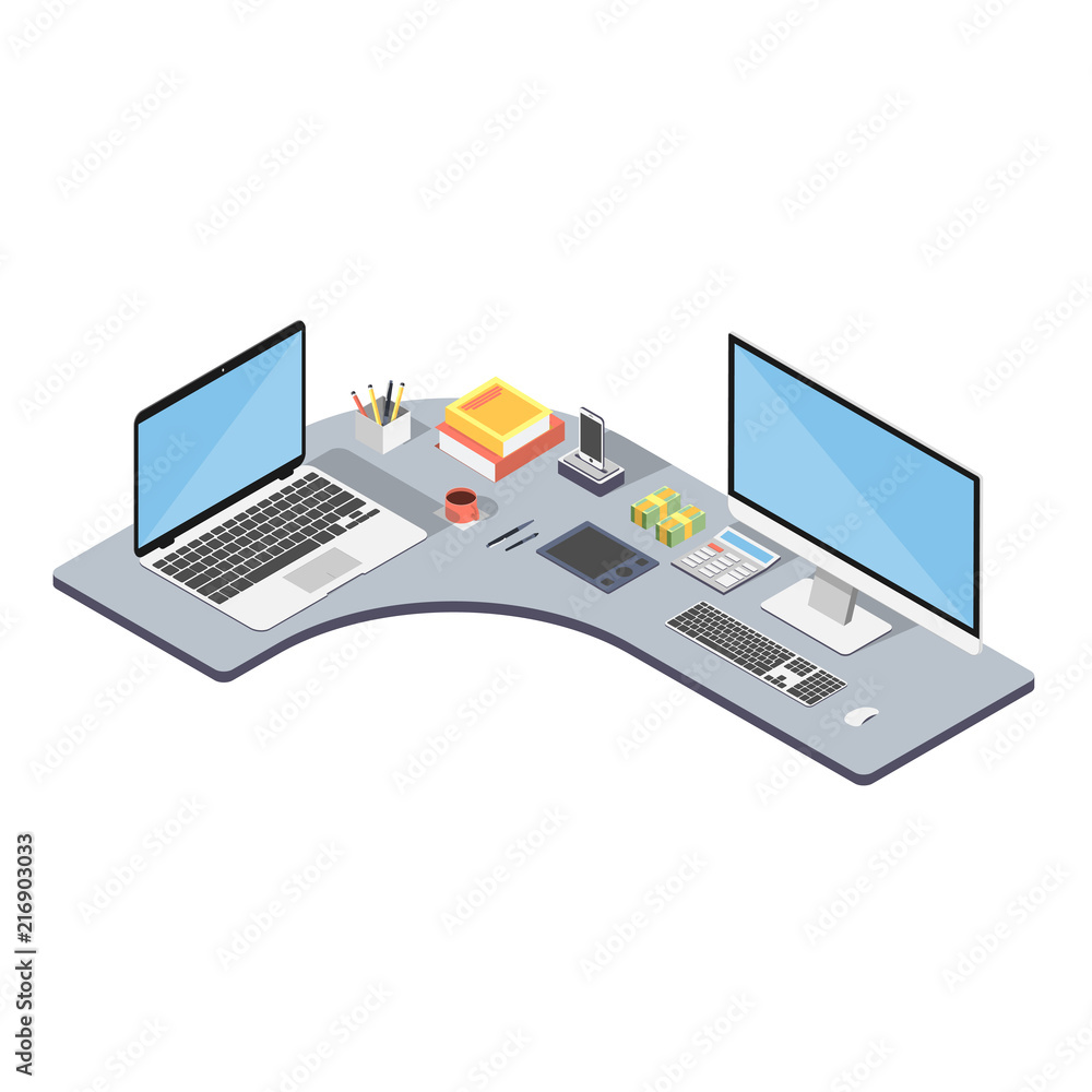 Workplace in office. Web designer and development. Isometric image of laptop and computer, phone and graphics tablet, carculator and book with pen on table. Isolated on white background. Vector Workplace in office. Web designer and development. Isometric image of laptop and computer, phone and graphics tablet, carculator and book with pen on table. Isolated on white background. Vector