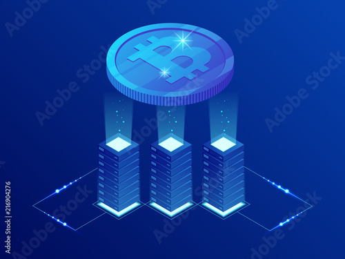 Isometric Bitcoin BIT Cryptocurrency mining farm. Blockchain technology, cryptocurrency and a digital payment network for financial transactions. Abstract blue background.