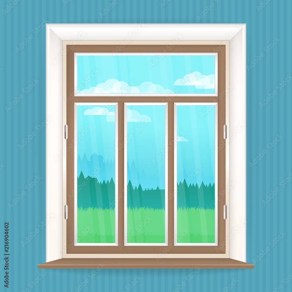 Illustration with wooden window in realistic style and the rustic landscape outside the window. Vector background. Illustration with wooden window in realistic style and the rustic landscape outside the window. Vector background.