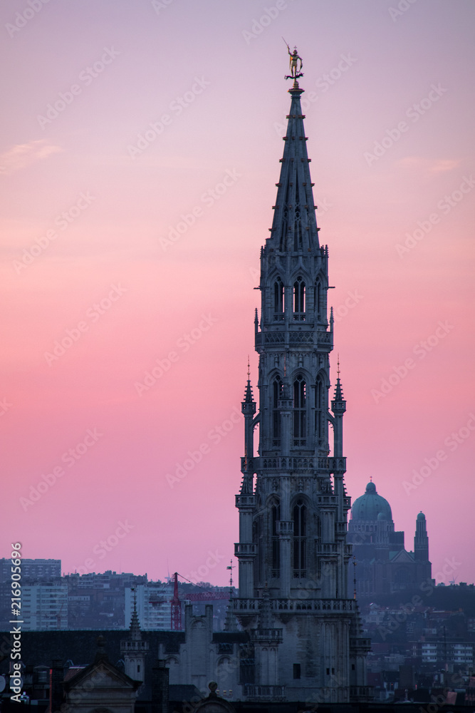 Pink and blue sunset in Brussels, Belgium, over the Grand-Place