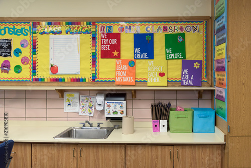 Colorful bulletin boards above the sink in an elementary classroom