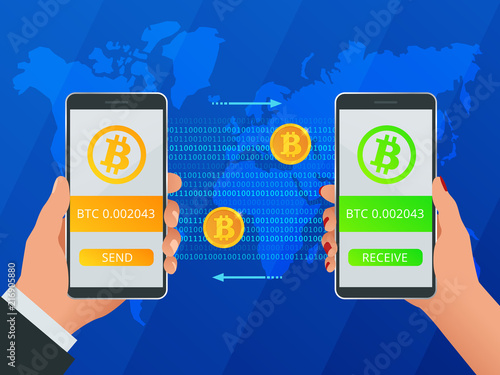Isometric Buy bitcoin. Man and woman hand holding smartphone with golden bitcoin, button buy. Vector illustration