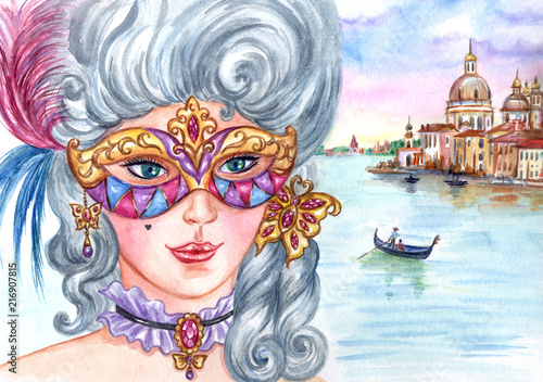 Girl in mask and baroque costume against the background of Venice, watercolor illustration.