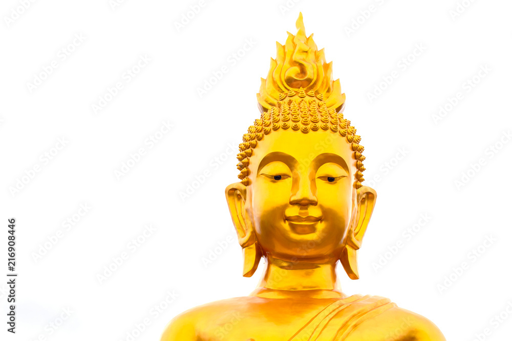 Image of golden Buddha head on white background, Buddhist worship, Buddha day