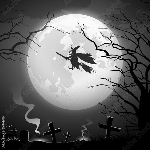 Halloween party witch ride, Halloween party concept scary design background, vector illustration 