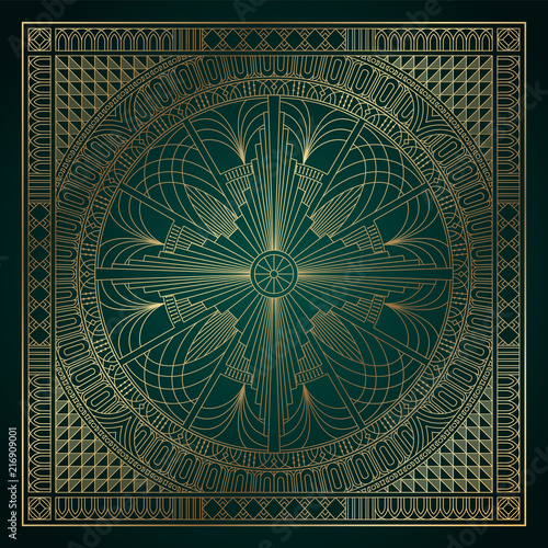 Gold art deco ornament on dark green background