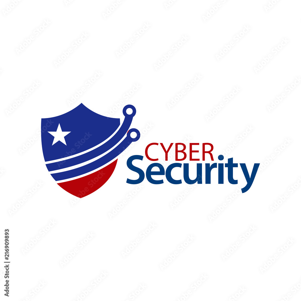 Cyber security with shield icon. Flat vector illustration on white background