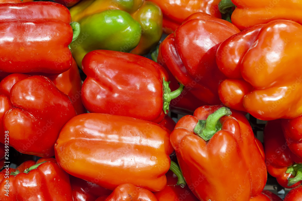 Red sweet Bulgarian pepper in the shop window. Red sweet Bulgarian pepper in the shop window.