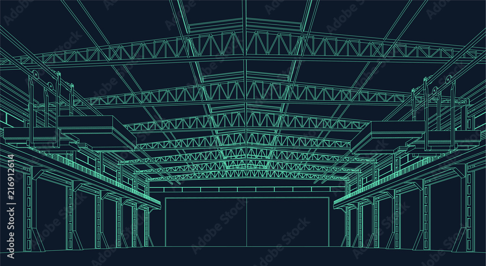 wire frame illustration of an industrial warehouse or hangar for virtual reality - obrazy, fototapety, plakaty 