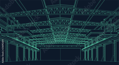 Fotografia wire frame illustration of an industrial warehouse or hangar for virtual reality
